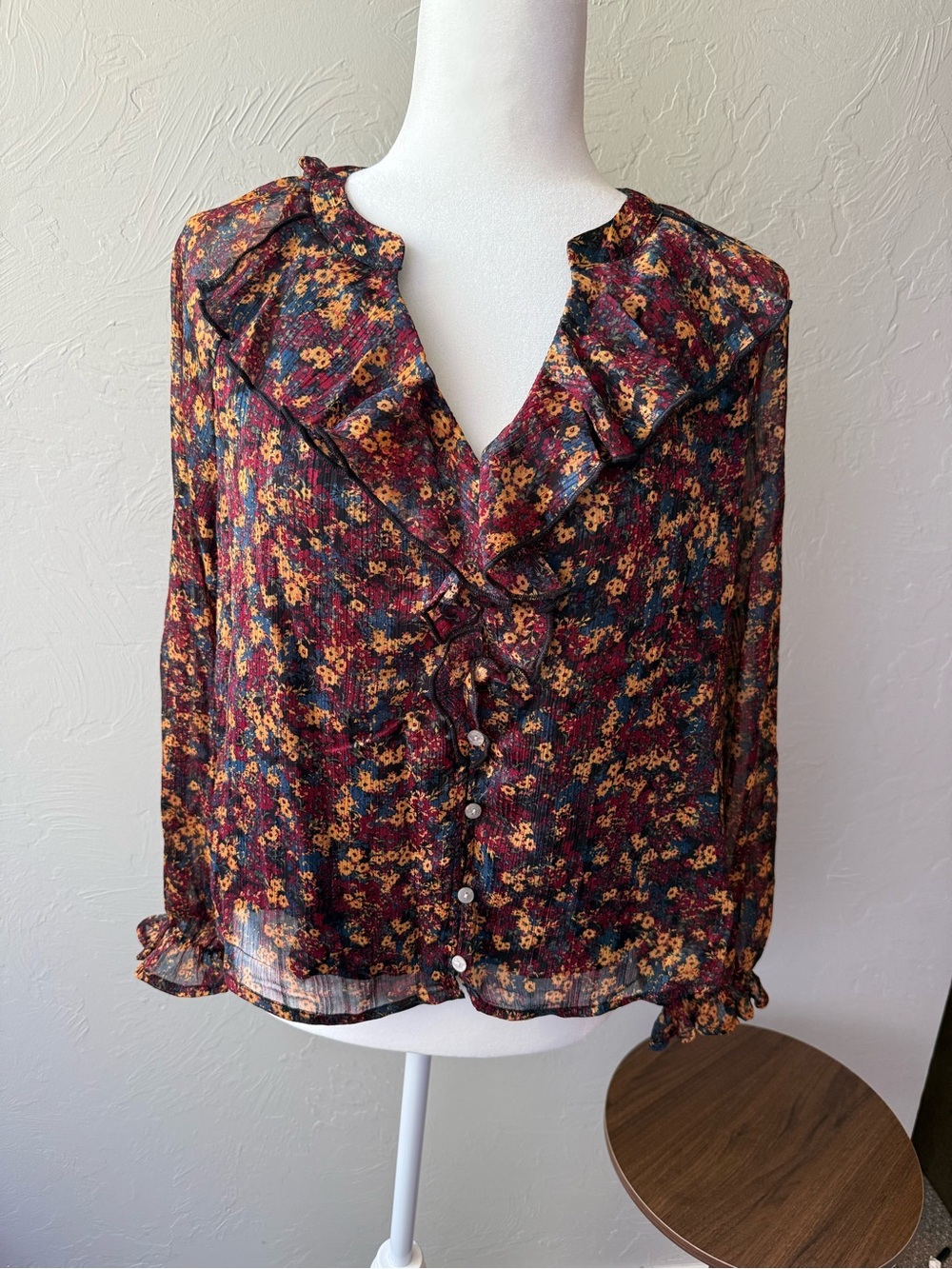 FRYE Women’s Floral Ruffle Blouse Size S NWT Fall Boho Romantic